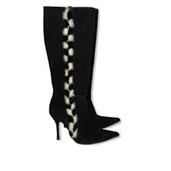 Escada Shoes - ESCADA Mink Trim Knee High Suede Stiletto Boots Shoes Black White Fur 39.5 9.5